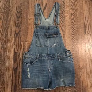 Distressed Denim Overall Shorts